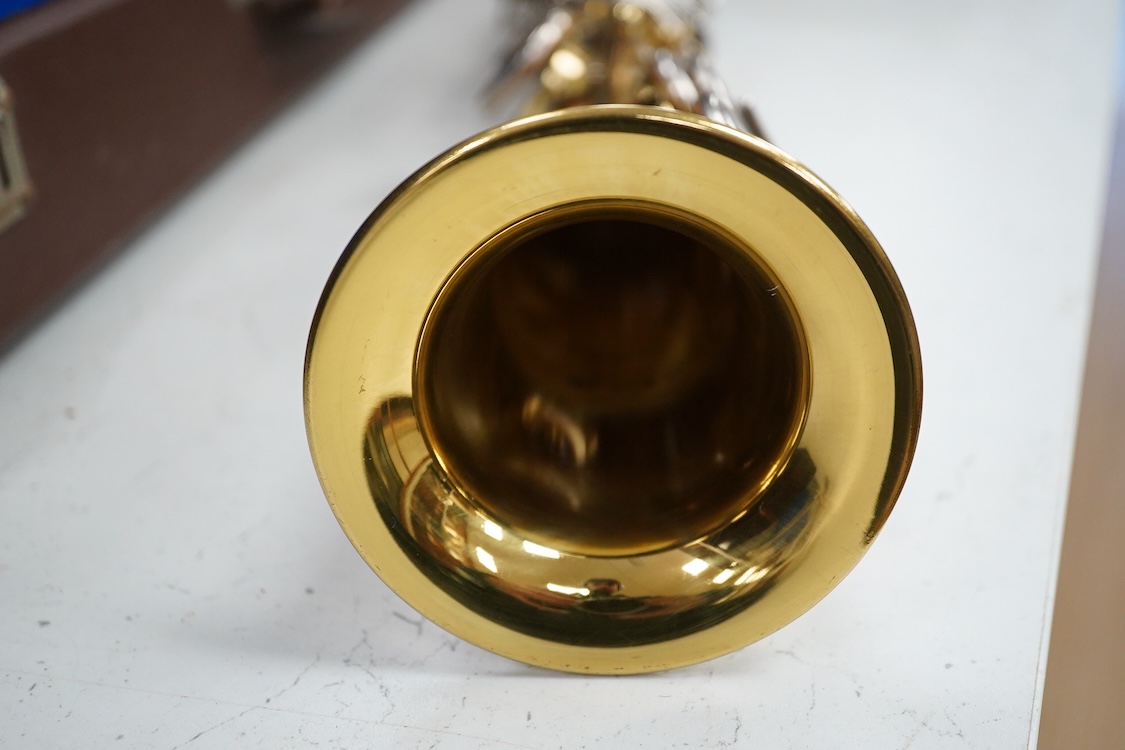 A cased Sonora soprano saxophone in a Rudall Carte branded case